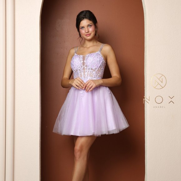 NEW LILAC OFF THE SHOULDER SLEEVELESS EMBROIDERY MINI GOWN WITH STRAPS NX T724 - Picture 1 of 11